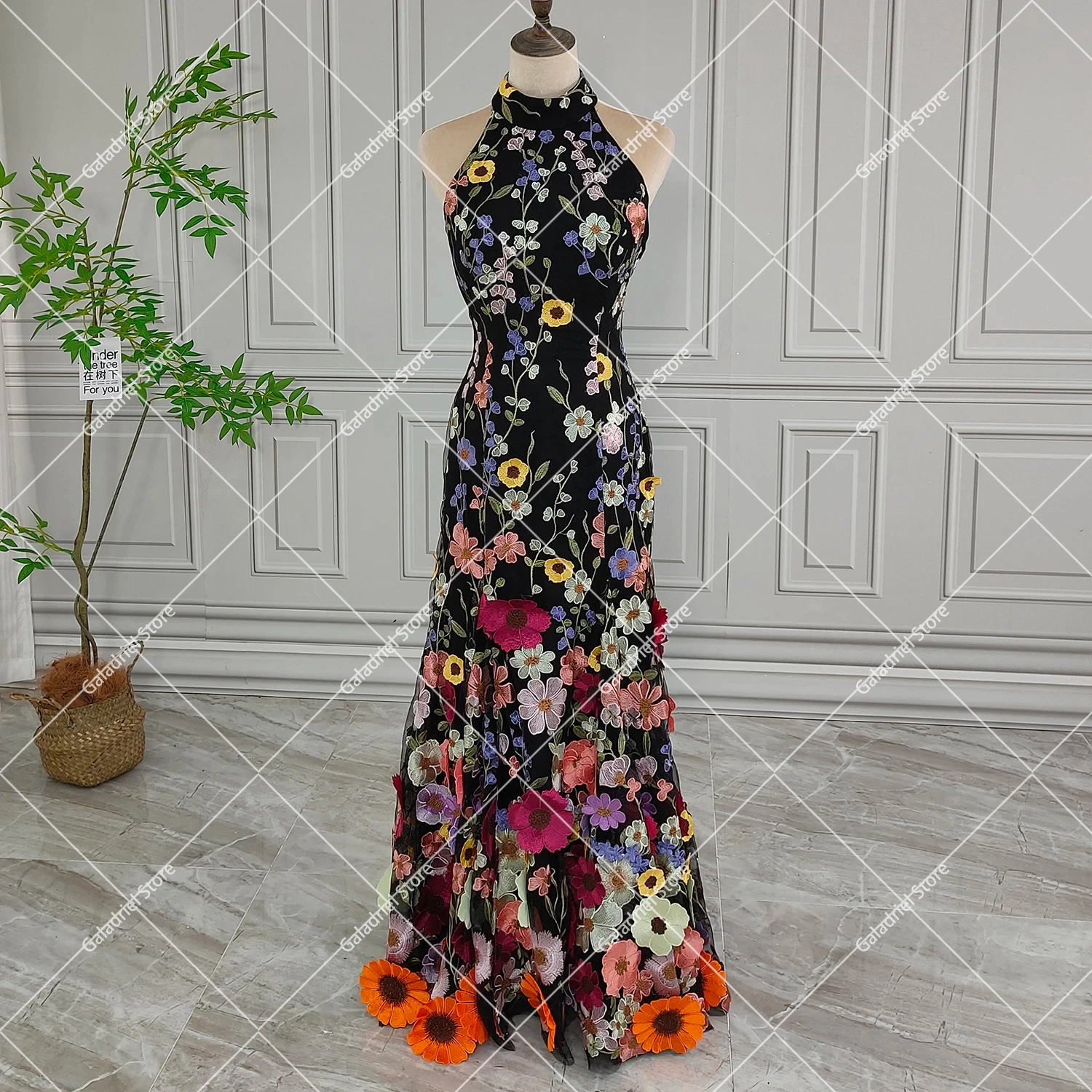 Tea Length Colorful Blossom Halter Homecoming Dress Custom Made Embroidered 3D Flowers Open Back Tulle Celebrity Evening Dresse