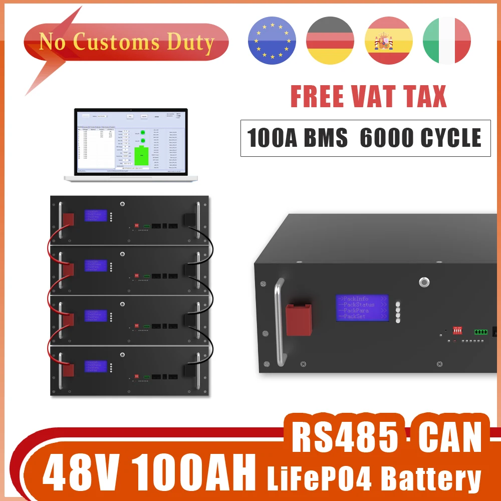 

48V 100AH LiFePO4 Battery 51.2V 5120Wh RS485 CAN 16S 100A BMS 6000+ Cycle For Storage Solar Home Solar Inverter No Tax