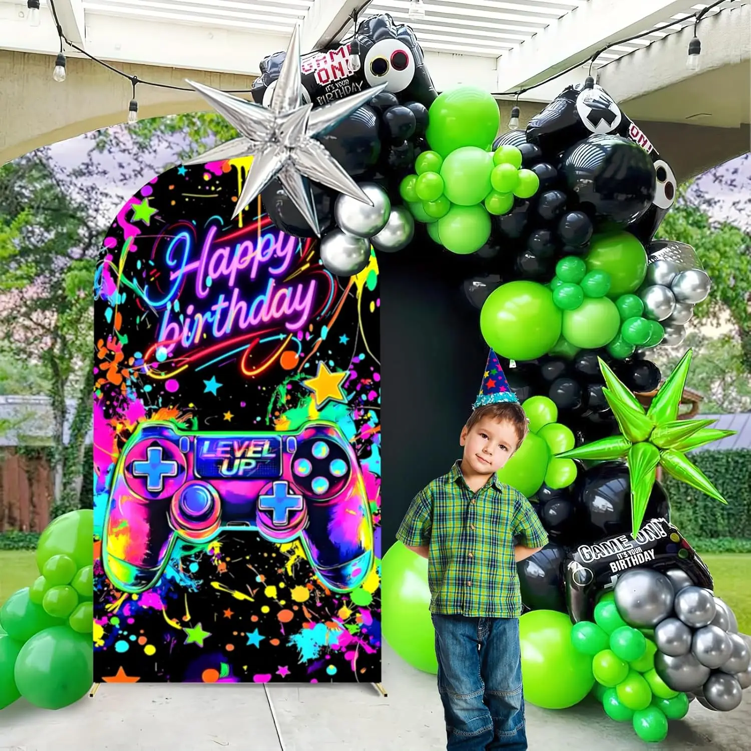 Custom 2-sided Video Game Photo Background Level Up Themed Happy Birthday Party Backdrop for Girl Boy Chiara Arch Cover Props