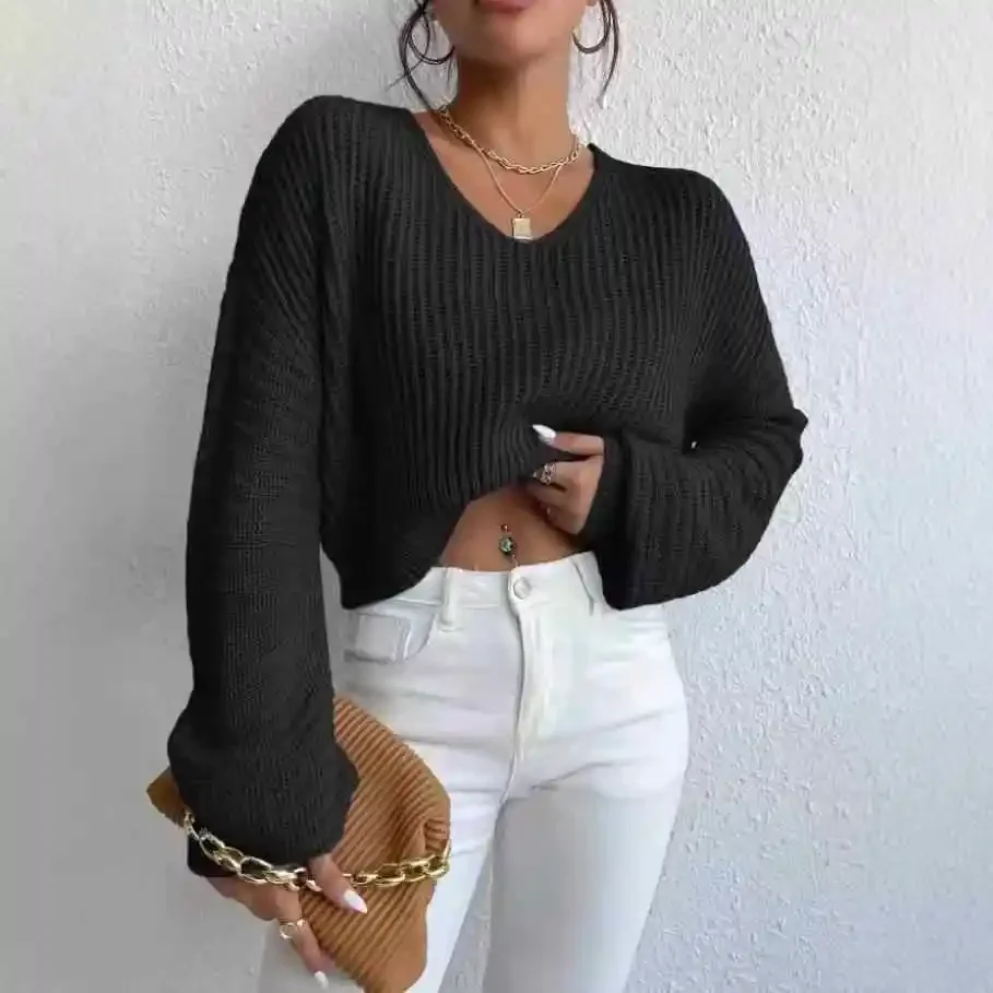

V Neck Pullovers Women Solid Color Loose Lantern Long Sleeve Sweater Jumpers Autumn Winter Casual Knitted Female Tops