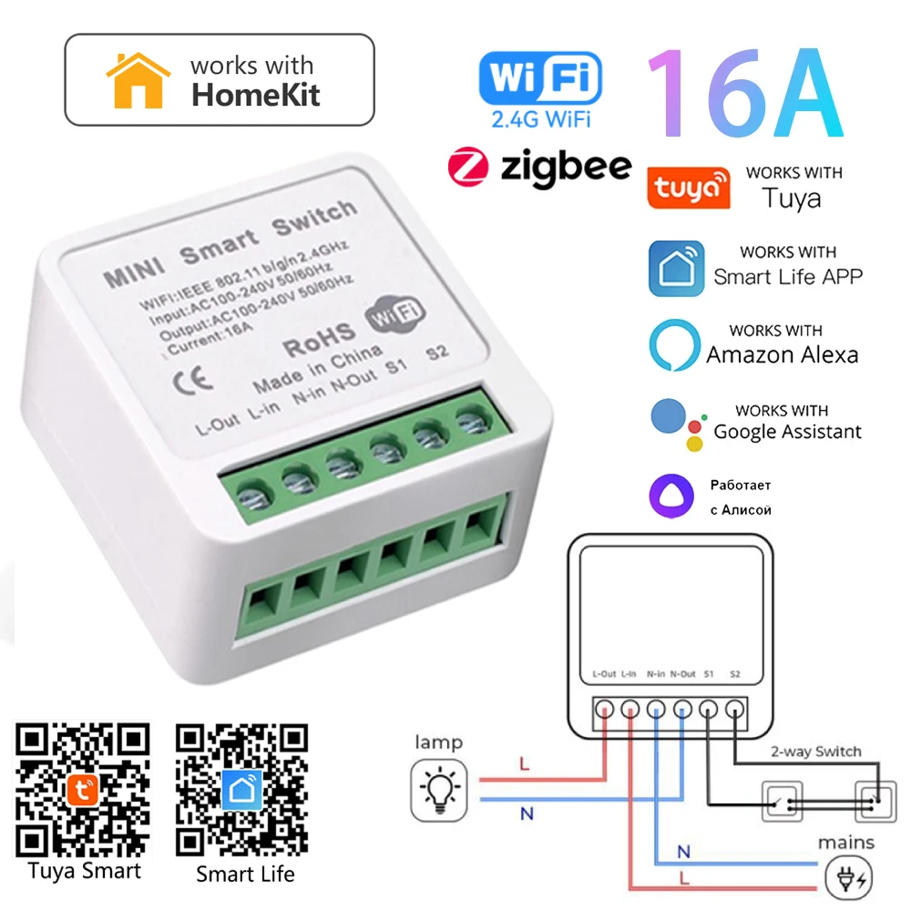 투야 스마트 홈 양방향 와이파이 지그비 스마트 스위치 모듈, DIY LED 조명, 음성 제어 홈키트, 알렉사 구글 앨리스 스마트라이프용, 16A 