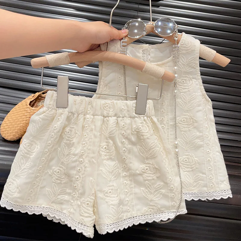 2024 New Summer Korean Style Baby Girls Clothing Set Sleeveless Cotton Embroidered Vest+Shorts 2-7Yrs Children Clothes Suit