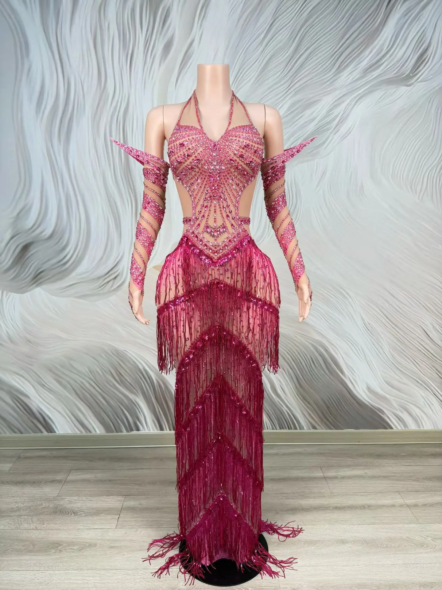 Gesang Pink Rhinestone Fringe Mermaid Gown Halter Neck Cutout Mesh Long Dress With Detachable Sleeves Stage Costume - view 2