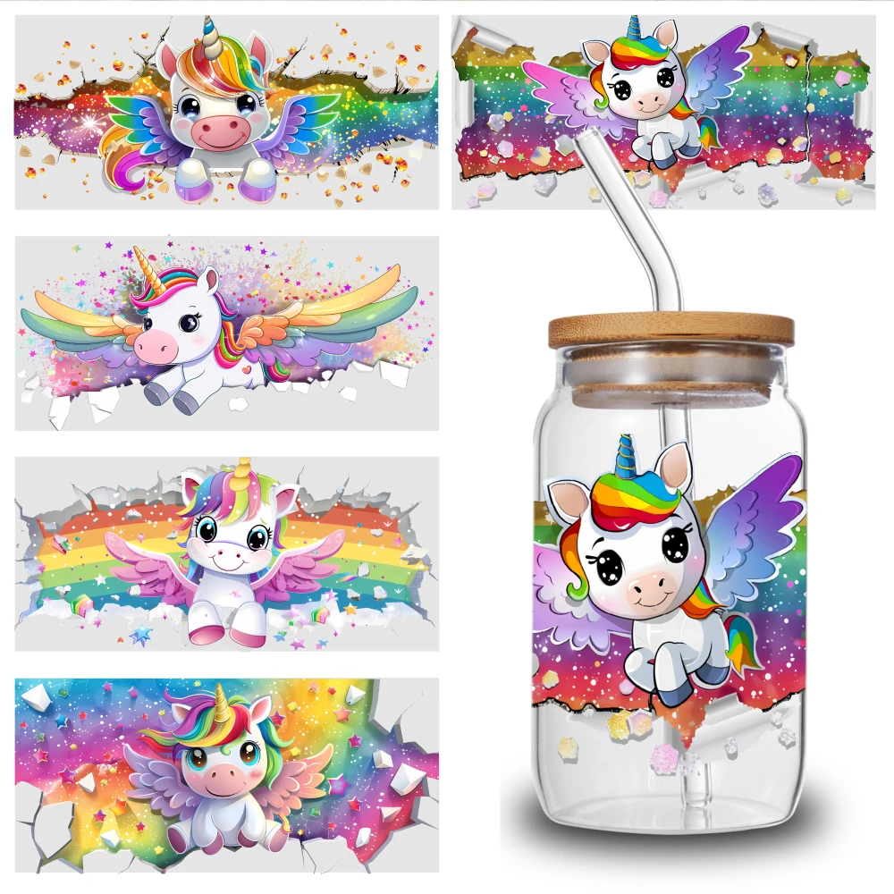5 Sheets Unicorn Rainbow Wings Starry Background UV DTF Stickers for 16 oz Tumbler Waterproof Rub on Transfers Cups Decoration