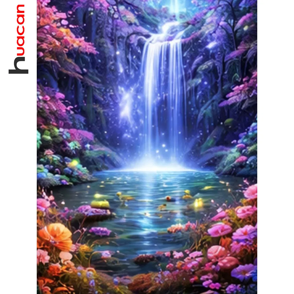 Huacan Diamantmalerei Wasserfall Blumen Fluss Diamant-Mosaik Landschaft Komplettset Dekorative Gemälde