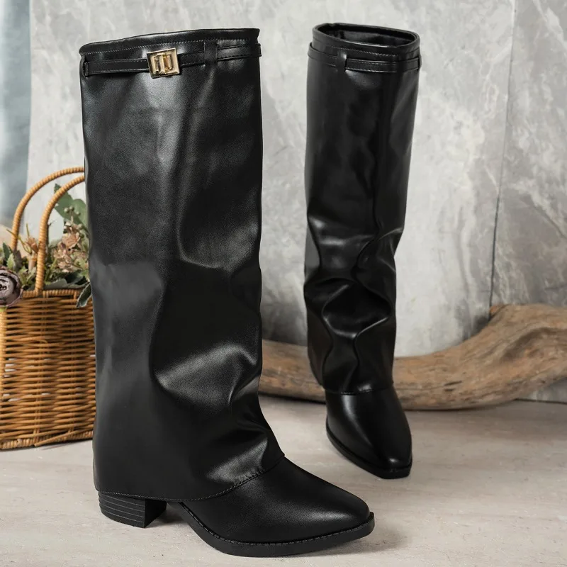 Spring Autumn New Simple Style Women's Knee High Boots 2026 Fashion Pointed Toe Fold Cuff Design Chunky Heel Casual Women Boots view 3