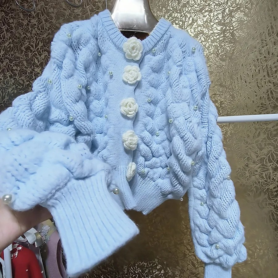 

Pearl thickening hook flowers thick cardigan Lace coat
