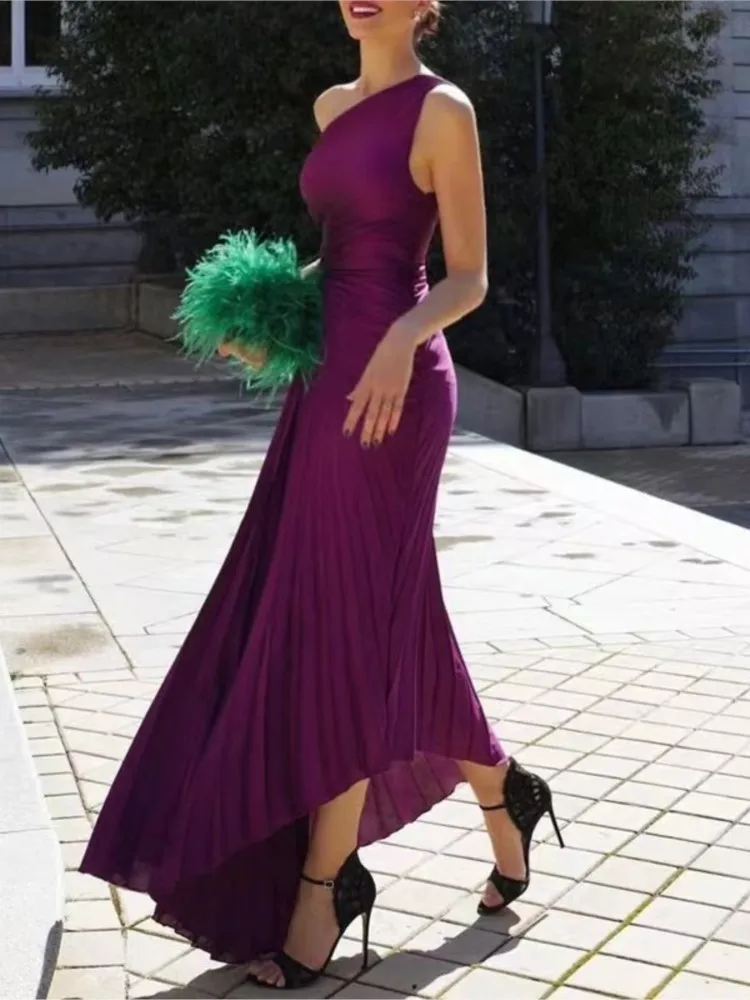 

Female Sexy Hollowed Out Slanted Neck Dress Fashion Sleeveless Pleated Irregular Hem Long Dresses Summer Ladies Party Vestidos