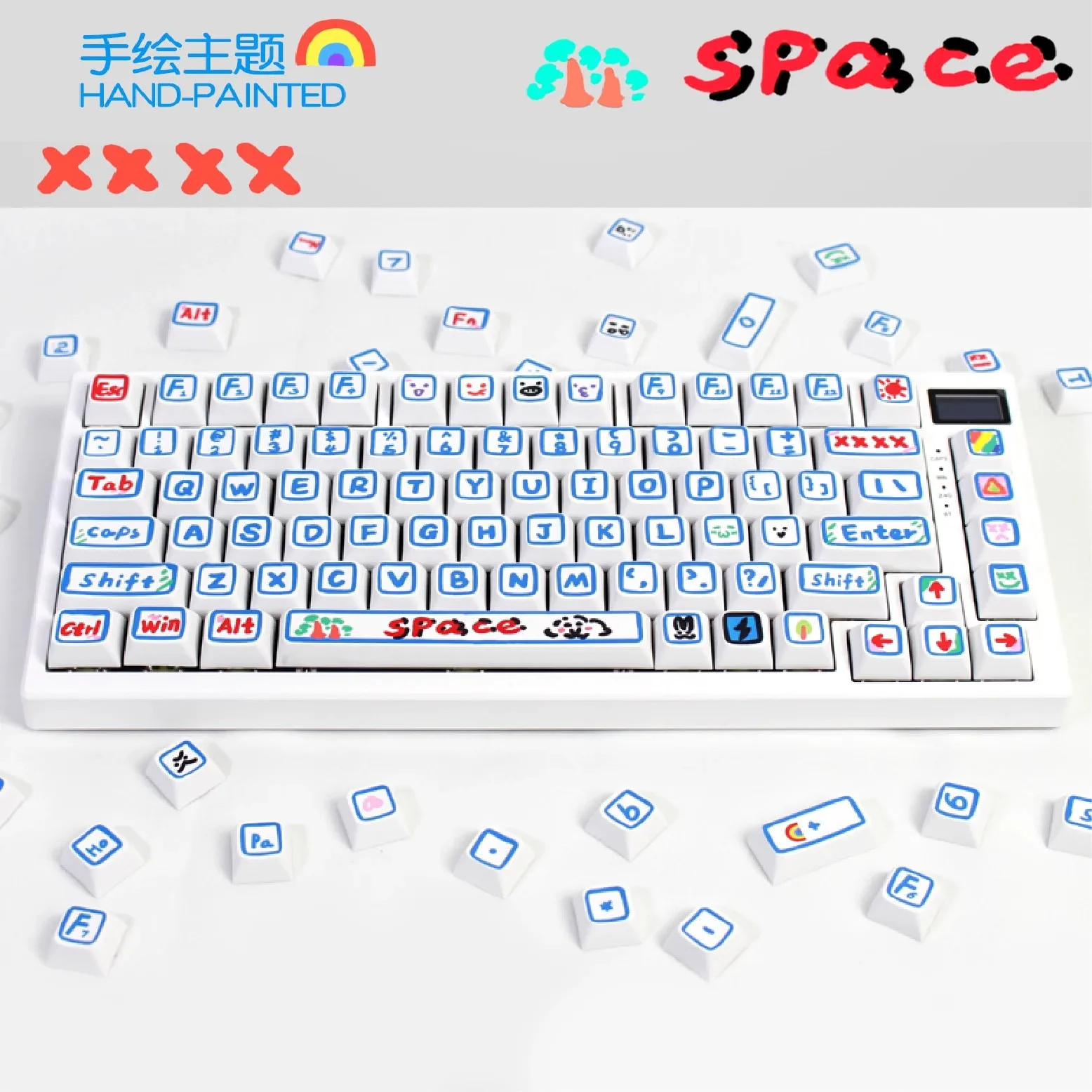 Hand-drawn Theme Keycaps Set Blue PBT XDA Profile Keycaps for Mechanical Keyboard Accessories Original Custom Cute Keyboard Caps