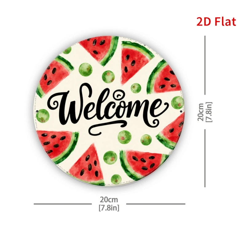2D Flat Home Bar Restaurant Aluminum Wall Plaque Vintage Watermelon Welcome Pink Ladybug Cursive Round Wall Decor