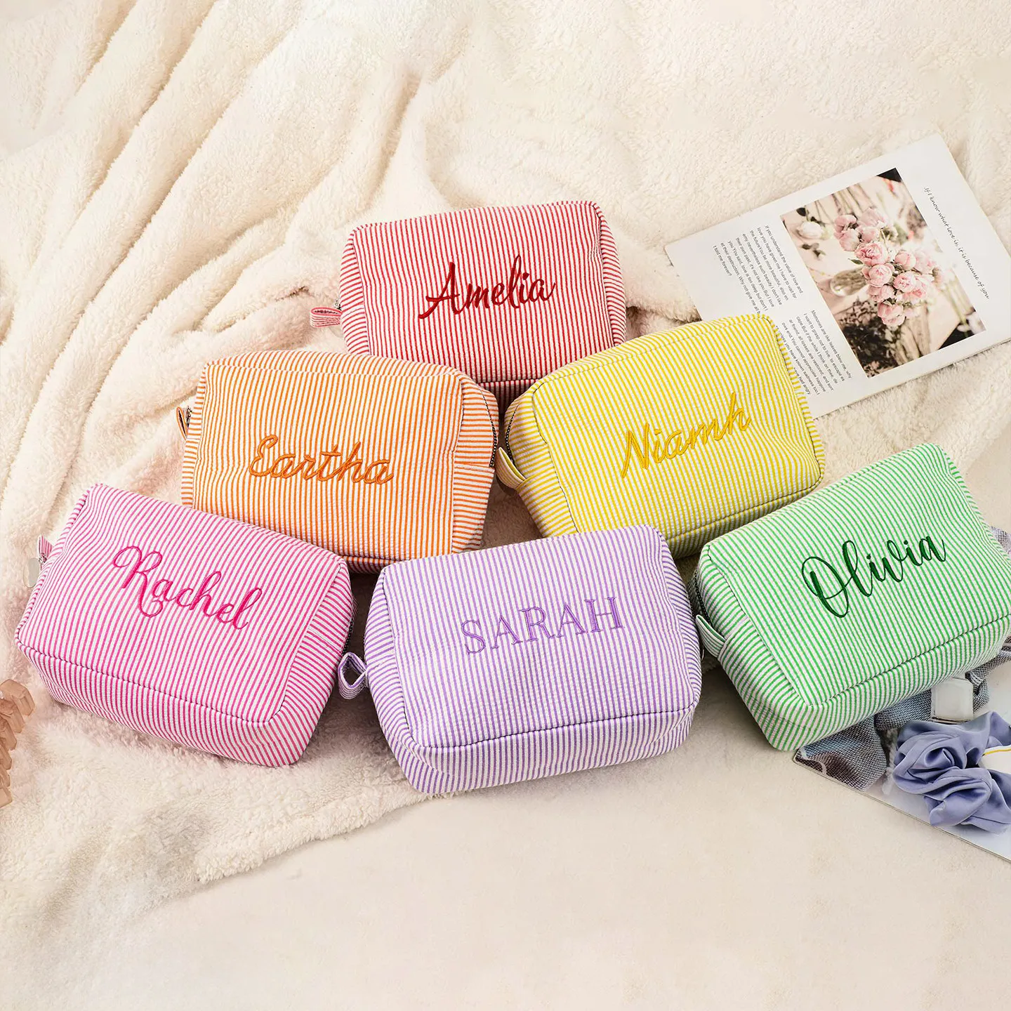 Personalized Striped Makeup Bag Custom Name Embroidery Cosmetic Pouch Travel Toiletry Organizer Gift for Women Girls Bridesmaid