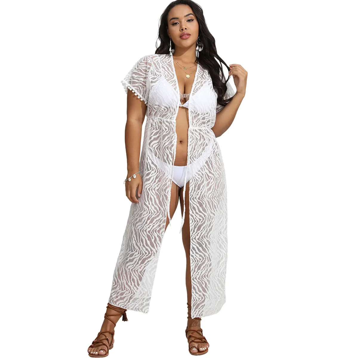 

Plus Size Sexy Women Summer Long Beach Dress Kimono Lace See-through Sundress Adjustable Waist Swimsuit Cover Ups Wave Print