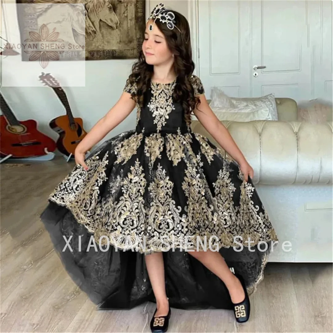 

Black Gold Lace Flower Girl Dress For Wedding Short Sleeve Fluffy Tulle Princess Birthday Ball Gowns First Communion Dress