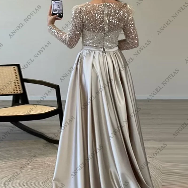 Customized Mother of The bride Dress Sequin Evening Gown Satin Dress Long Sleeves Floor Length Illusion Prom Wedding Guest Dress