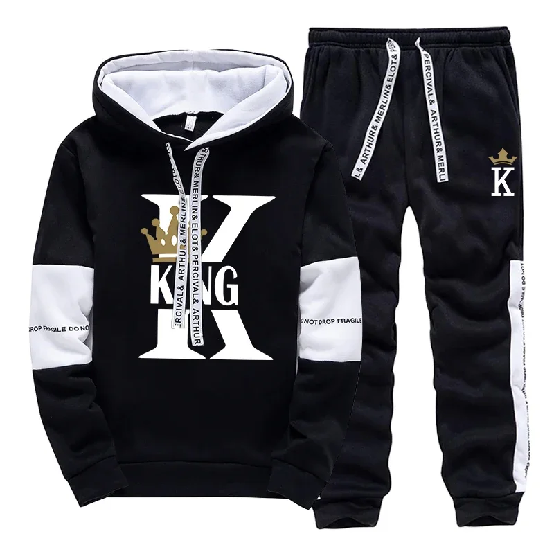 

Мужской и женский спортивный костюм с принтом King Queen, хит продаж, повседневные толстовки с капюшоном, спортивные штаны, комплект из 2 предметов, домашняя уличная одежда для пар