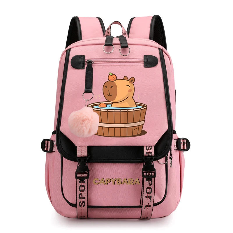 Mochila escolar con estampado de Animal Capybara para niñas, bolsa de viaje USB, rosa, regalo para niños