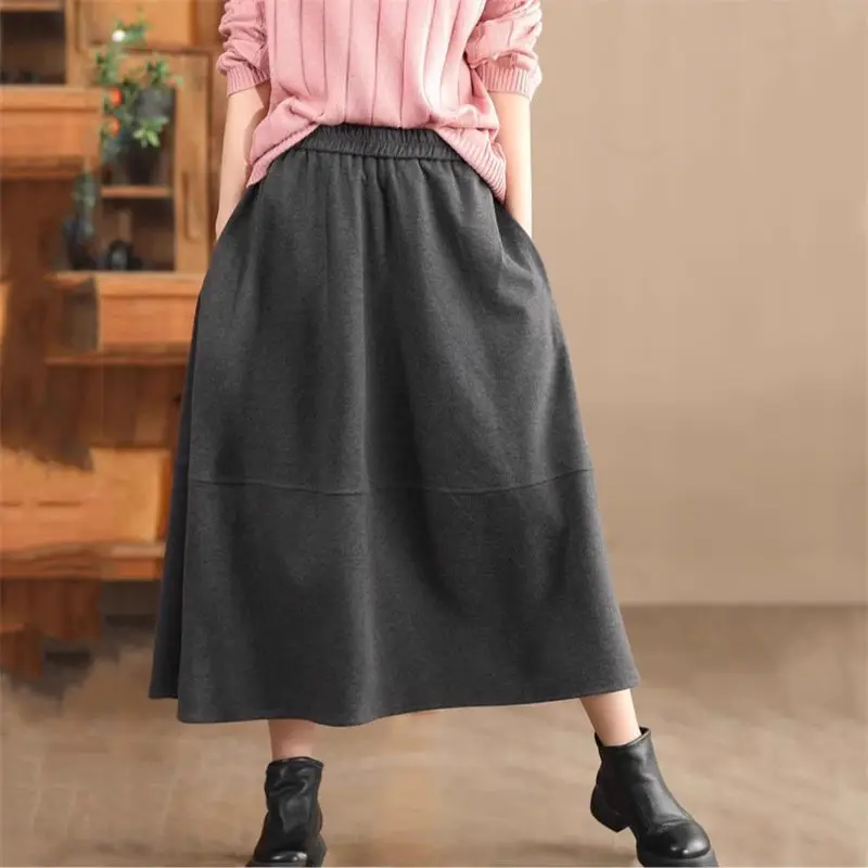 

Осень-зима 2024, толстая шерстяная юбка в стиле ретро для женщин, однотонная трапециевидная юбка средней длины, повседневная юбка большого размера с эластичной резинкой на талии A321