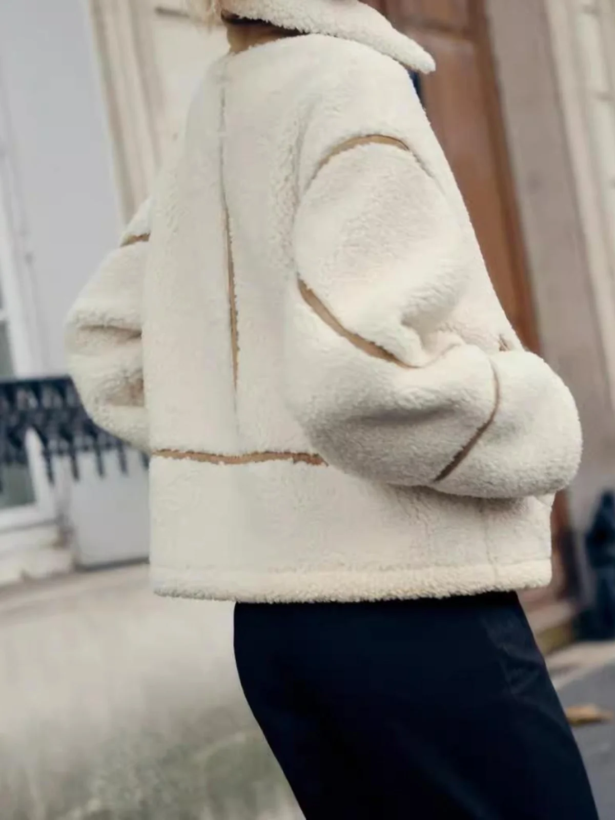 

Autumn Winter Women's Loose Motorcycle Sle Fce Double-Sided Long Sve Collar Jaet Outerwear Sweet Sle Regular Sve