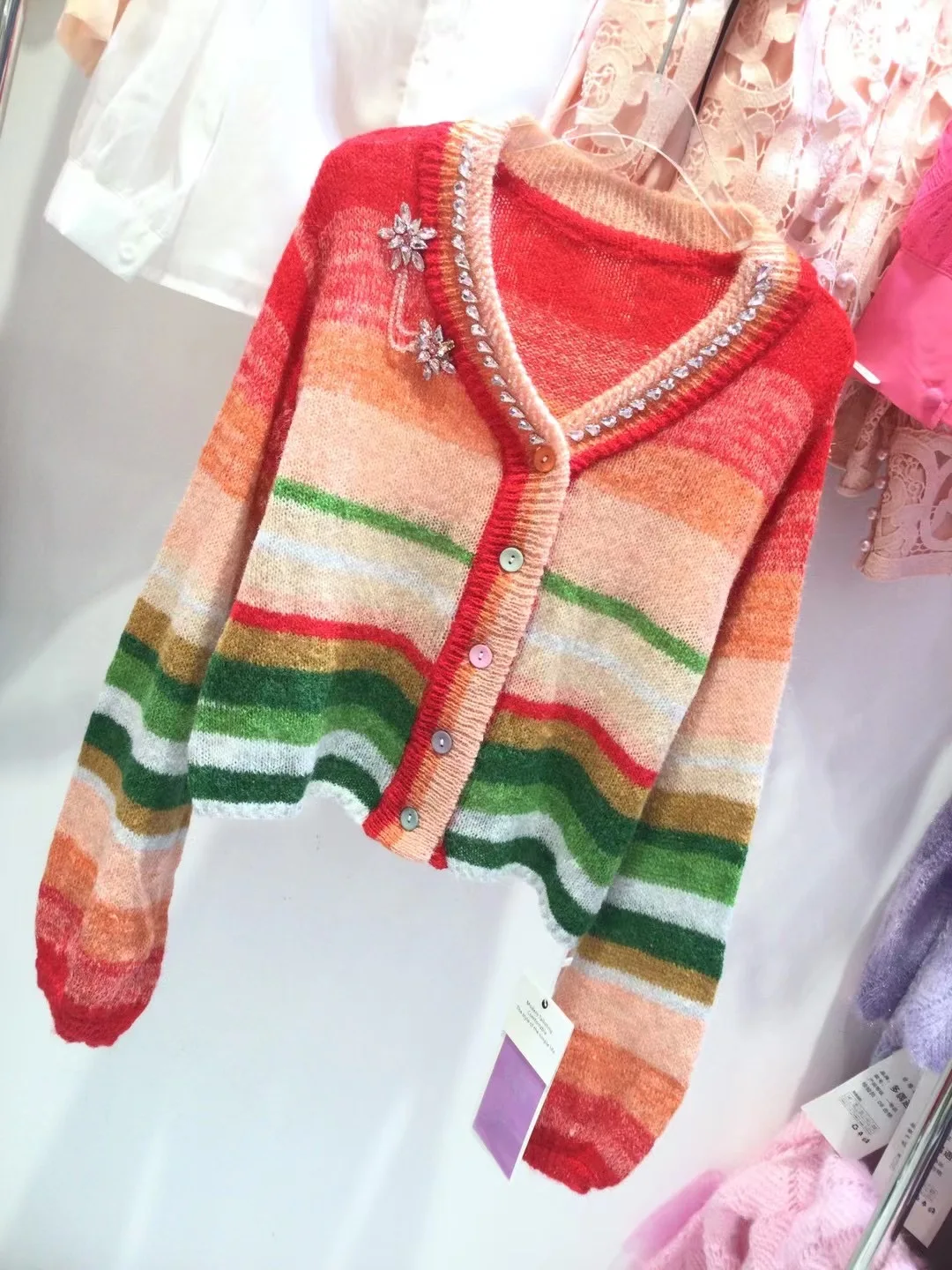 2024 Autumn Winter Knitted Cardigan Women Loose Rainbow Contrasting Striped Sweater Coat Knitwear Casual Soft Ladies Tops N141