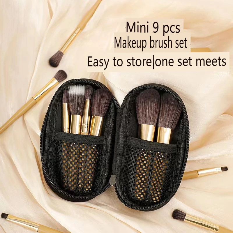 Mini 9 Makeup Brush Set, Completo, Portátil, Viagem, Pequeno, Iniciantes, Cerdas Macias, Escova de Blush