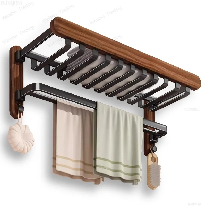 50/60cm Walnut Towel Rack Foldable Double-layer Solid Wood Bath Towel Rack with Hooks Hanger Storage Shelf Bathroom Accessories