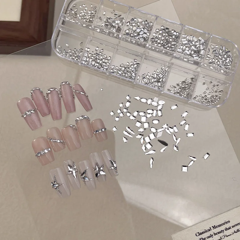الوردي مزيج الأشكال البريق البسيطة مشطوف زركونيا شقة الظهر الماس مسمار الفن الراين زينة مانيكير الحلي مجموعة
