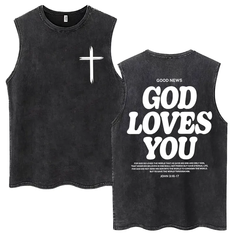 Christian jésus église Vintage lavé débardeurs verset de la Bible dieu vous aime T-shirt sans manches hommes femmes coton ample Y2k t-shirts