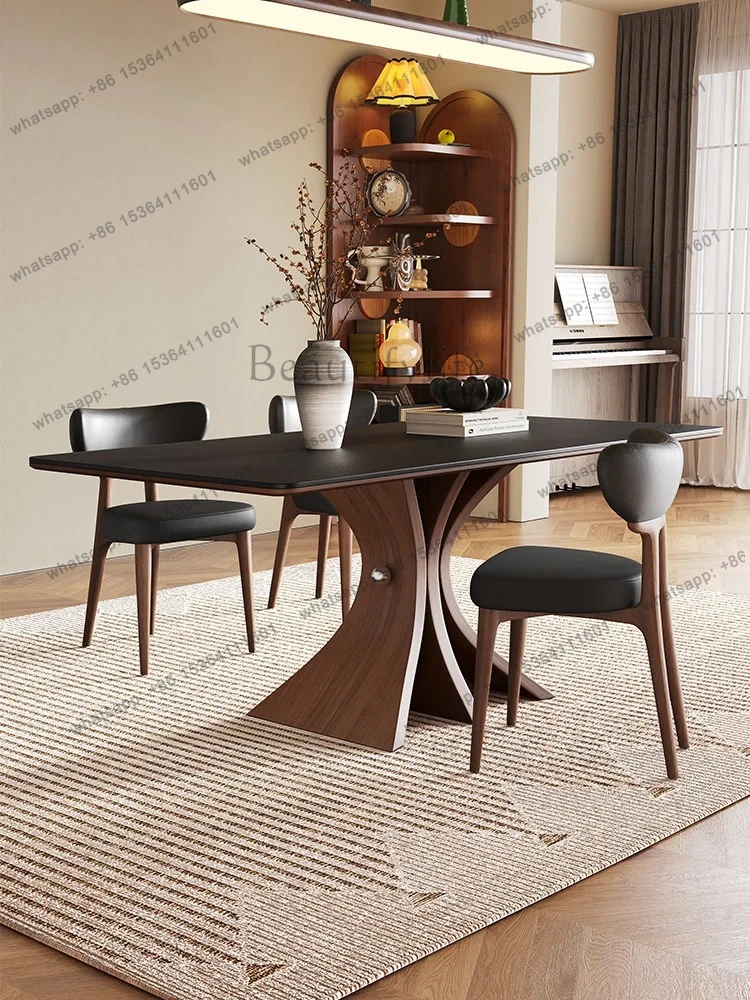 Solid Wood Dining Table Small Apartment Black High-End Retro Rectangular