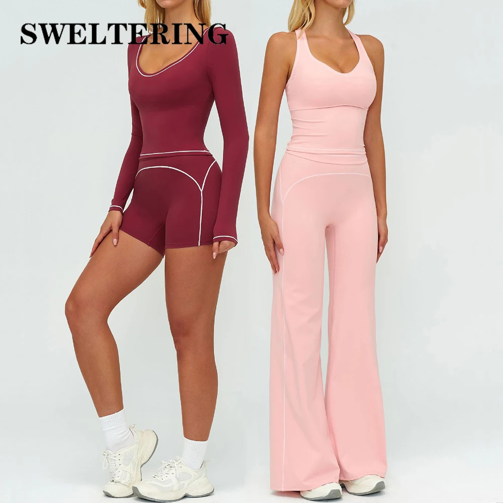 2PCS Yoga Set Gym Clothes Outdoor Sports Outfits Women Tracksuit Gym Fitness Suits Workout Long Sleeved Flared Pants Sportswear