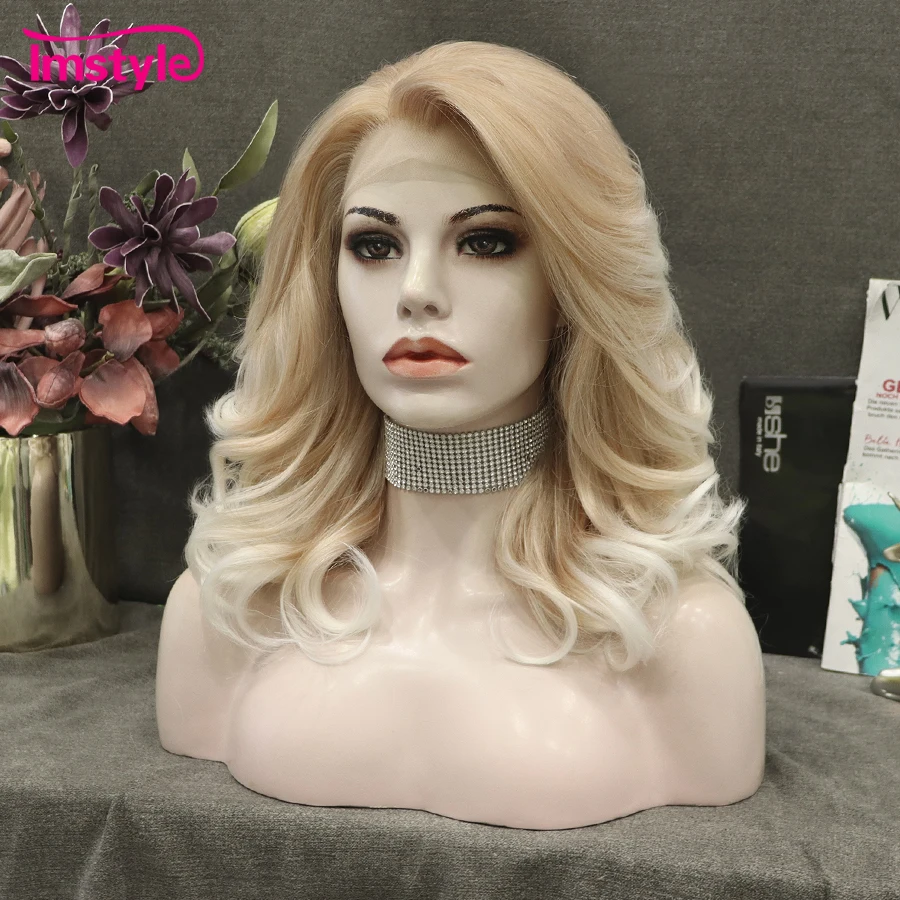 Imstyle Ombre Blonde Wig Short Synthetic Lace Front Wig Heat Resistant Fiber Natural Wavy Wigs For Women Cosplay Wig 16 Inch