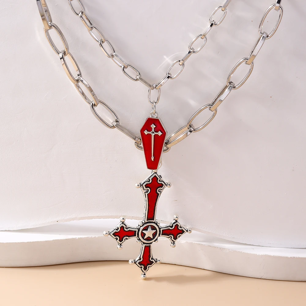Aihua Vintage Blut Rot Farbe Gothic Invertiert Kreuz Anhänger Halsketten für Frauen Punk Stil Kreuz Choker Halsketten Schmuck – Detail 3