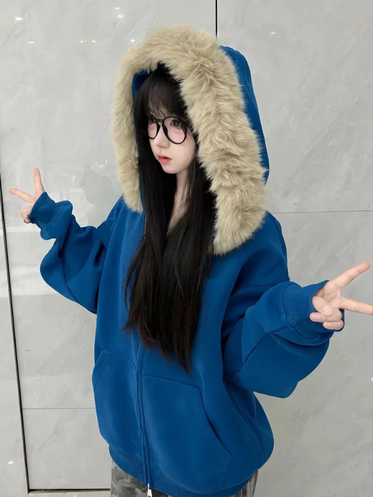 

Fur Patchwork Streetwear Casual Hoodies Harajuku Casual Loose Zipper Women Hoody Y2k Aesthetic Letter Embroidery Sweatshirts
