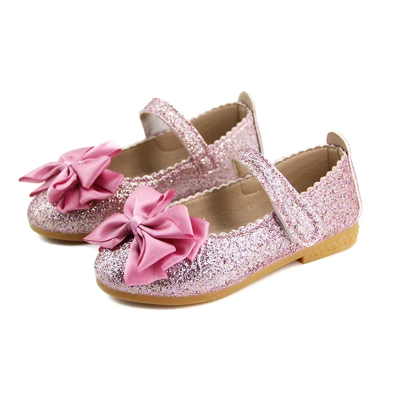 Girls Princess Leather Shoes Glitter Bowknot Sweet Bling Dress Flats For Toddlers Big Kids Dance Party Wear-resistant Soft Sole Casual Footwear