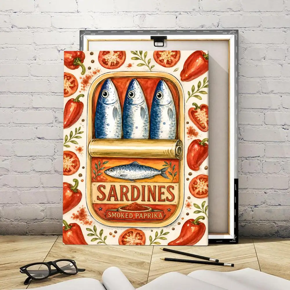 Sardines in various flavors Framed Wall Painting Canvas Art Poster Solid Wood Frame for Room Living Home Decor