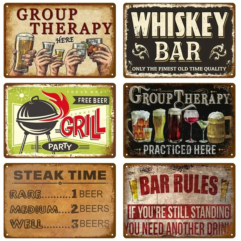 Vintage Group Therapy Whiskey Bar BBQ Grill Steak Funny Drinking Slogan Metal Tin Signs Retro Rustic Iron Plaque Wall Decor for Backyard Patio Garage Man Cave Home Bar Wall Art Gift for Party Lovers