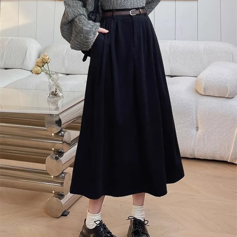 Vintage Belt Corduroy Women Mid Skirts Soft Comfortable High Waist Pleated A Line Skirts Autumn Korean Style Casual Female Skirt