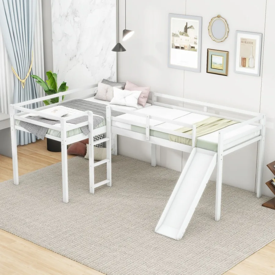 

LShaped Twin Size Loft Bed with Ladder and Slide