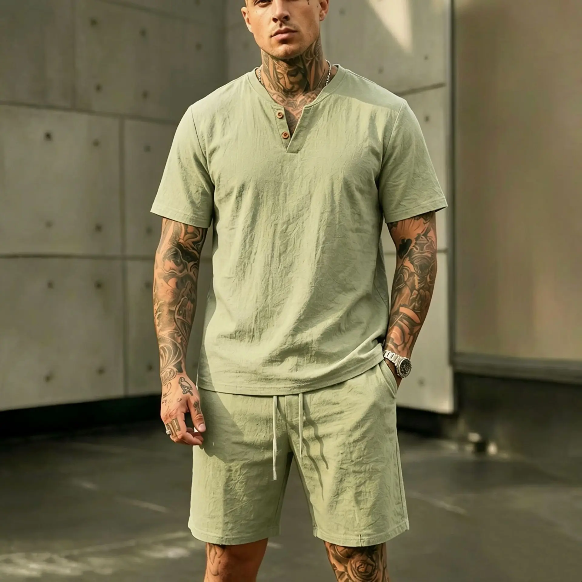 2026 Sommer Europäisch-Amerikanisches Herren-Leinen-Henley-Polo-Zweiteiler-Set: Lockeres Kurzarm-T-Shirt mit passenden Shorts – Atmungsaktives Urlaubsoutfit – Detail 17