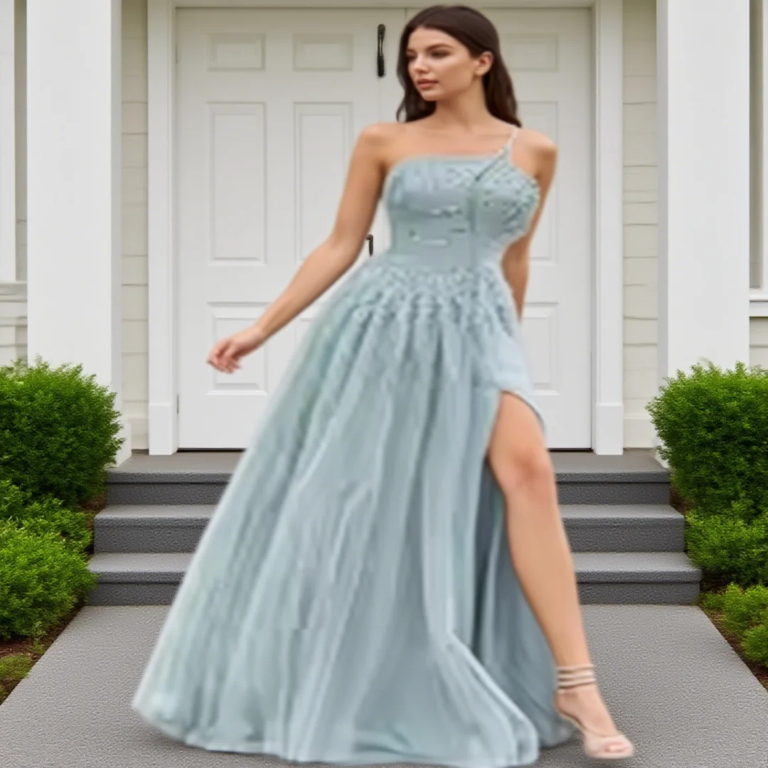 

Customized single-shoulder beaded high slit ball gown, A-line sleeveless women's formal evening dresses party prom gowns