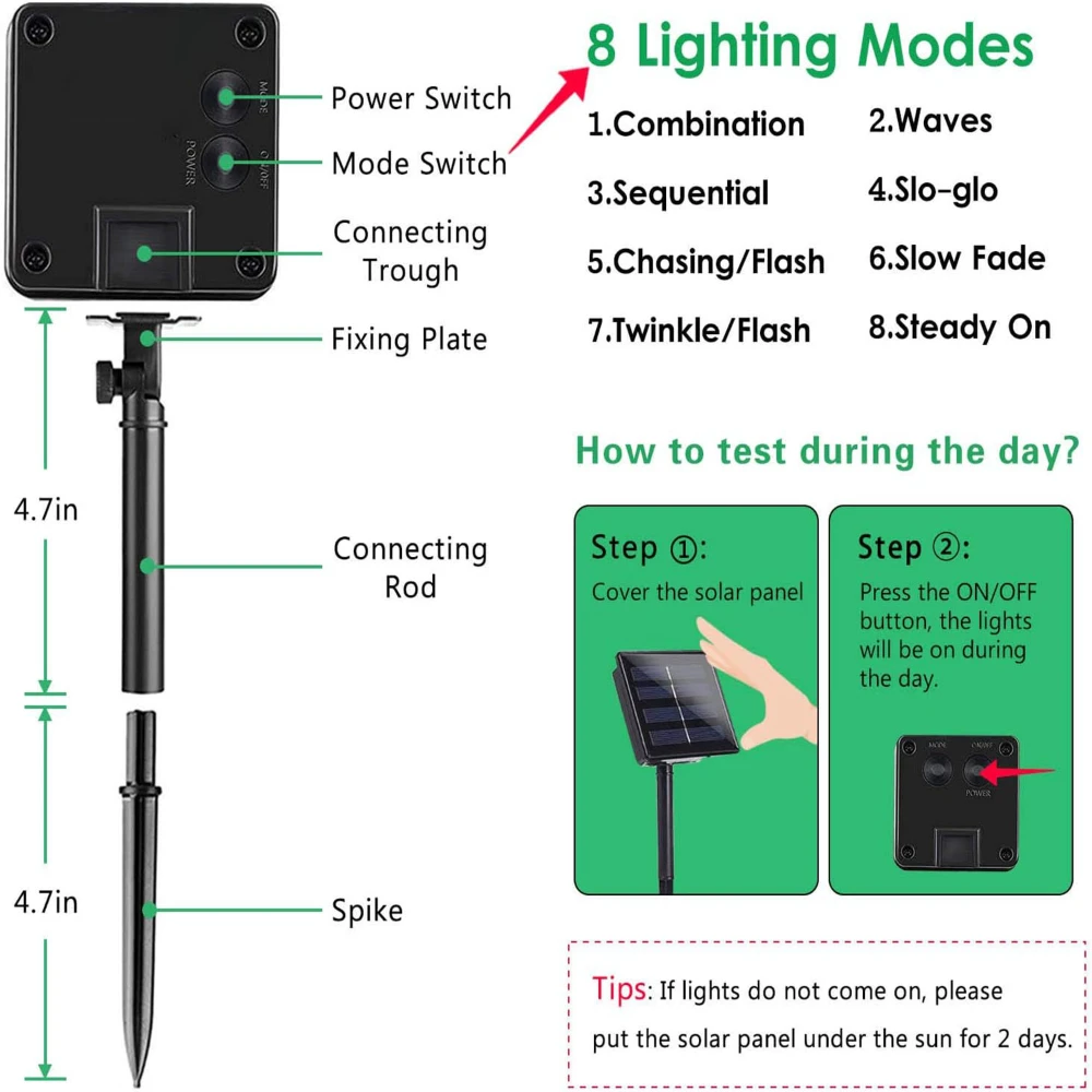 Solar Powered Outdoor Fairy Lights, IP65 impermeável, 8 modos de iluminação, Adequado para a decoração do Natal, casamento