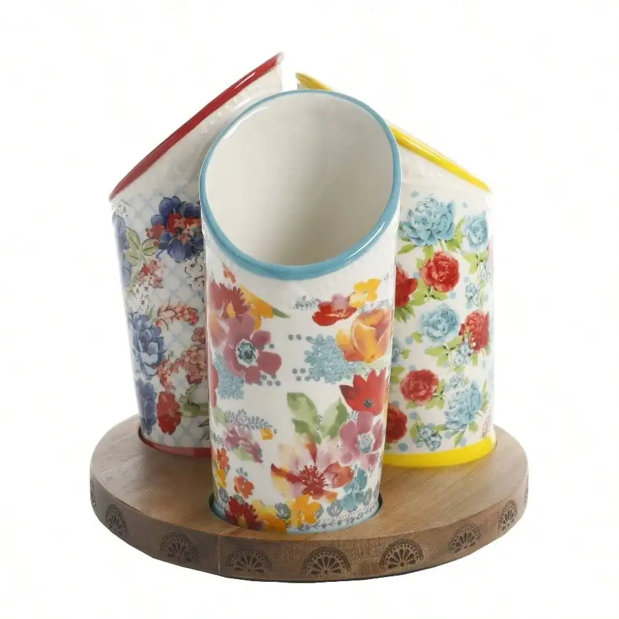 

Floral Medley 3 - Compartment Ceramic Utensil Holder for Kitchen Countertop Storage Rustic White Design with Elegant Floral