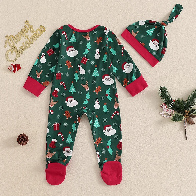 Suefunskry Baby Christmas Jumpsuit Zip Up Footies Round Neck Long Sleeve Christmas Elements Print Romper with Hat Outfits