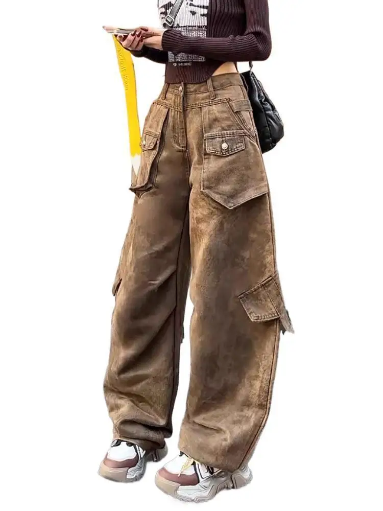 Jean Cargo rétro marron pour femme, pantalon Cargo, grande taille, Y2K, multi-poches, ourlet incurvé, longueur au sol, collection automne-hiver 2025