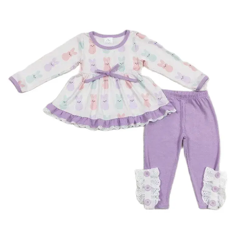 

Baby Girls Easter bunny Outfits kids Boutique wholesale Clothing Toddlers long Sleeves purple pants Children high quality Sets