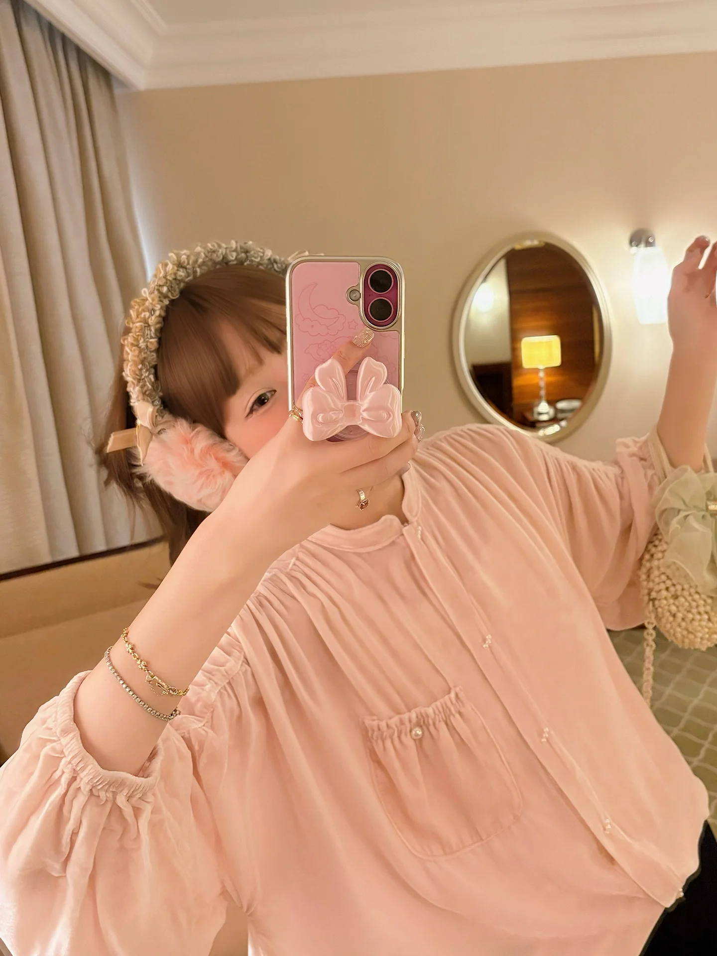 

Silk Velvet Gentle Pink irt Multiple Pleats Soft Sle Women's Premium Faion Loose Fit Long Sve Button up Pure Color