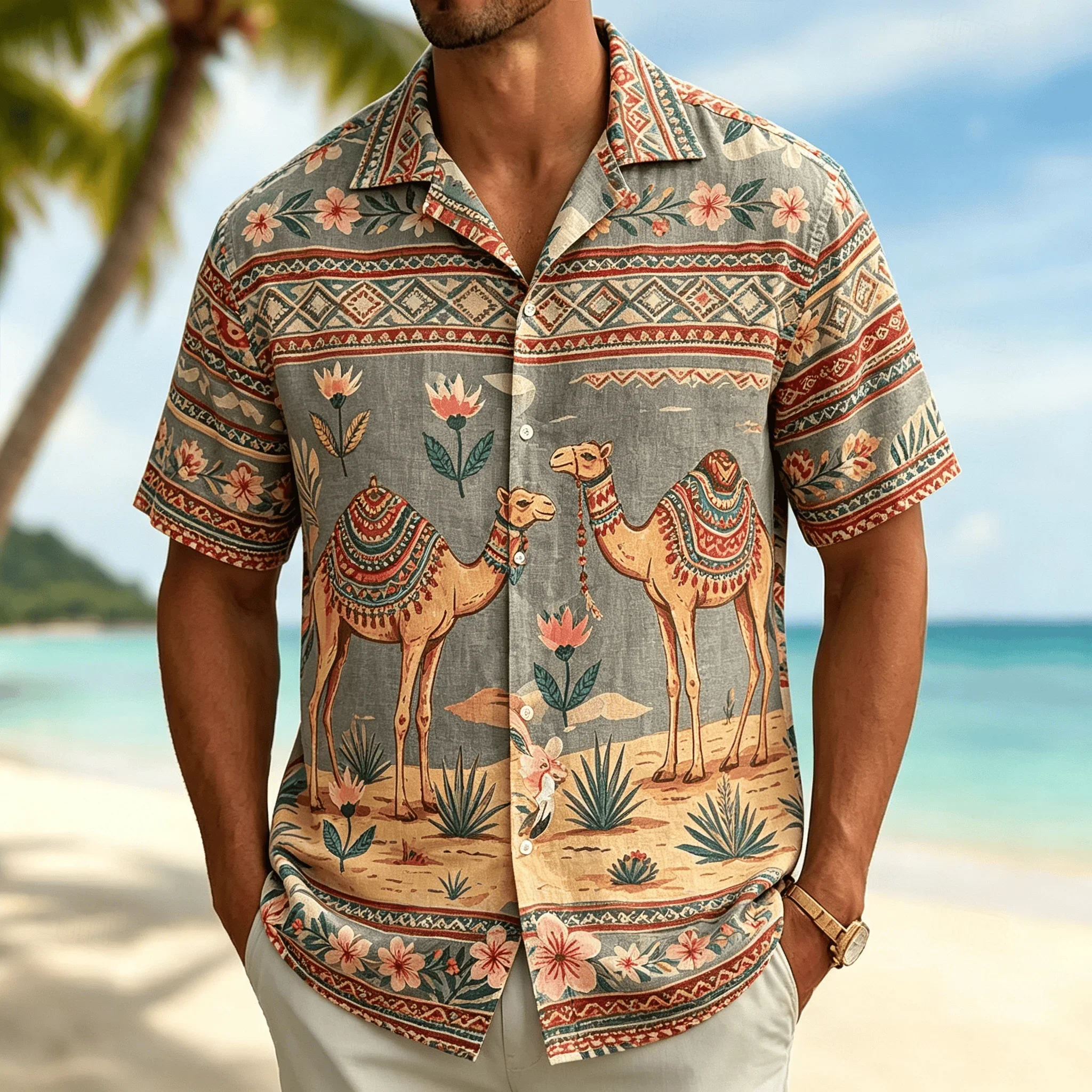 Men's Retro Tropical Parrot Animal Print Short Sleeved Shirt, Summer Casual Hawaiian Shirt