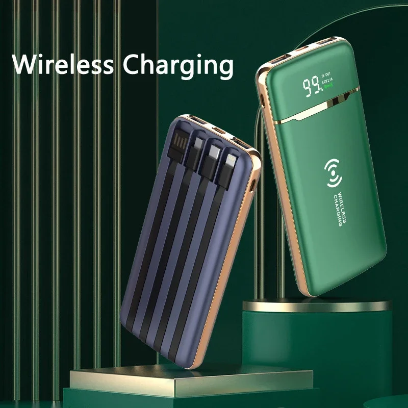 For IPhone 15 14 Samsung S23 Huawei Xiaomi Poverbank Ultra Slim Power Bank 20000mAh Qi Wireless Charger Powerbank Built in Cable