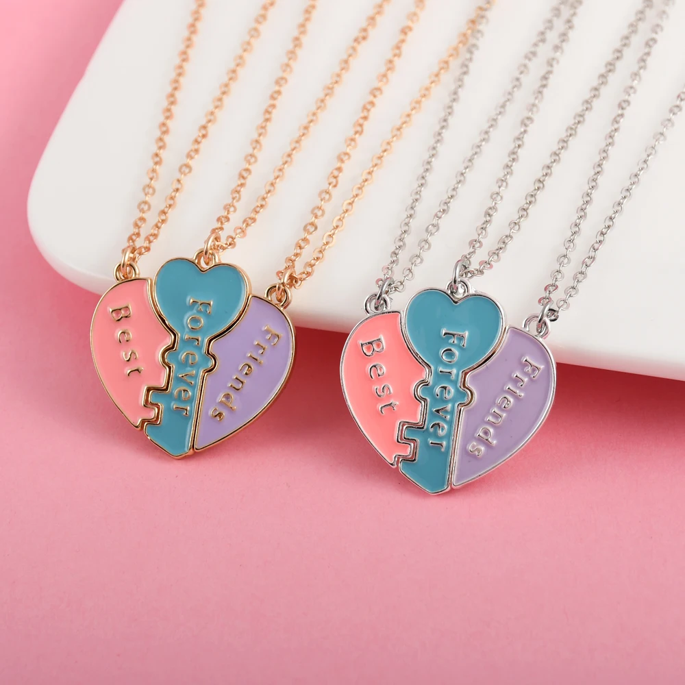 Karsyngirl 3Pcs/set Heart-shaped Key Stitching Letter Best Forever Friend Necklace for Girls BFF Friendship Jewelry Gift