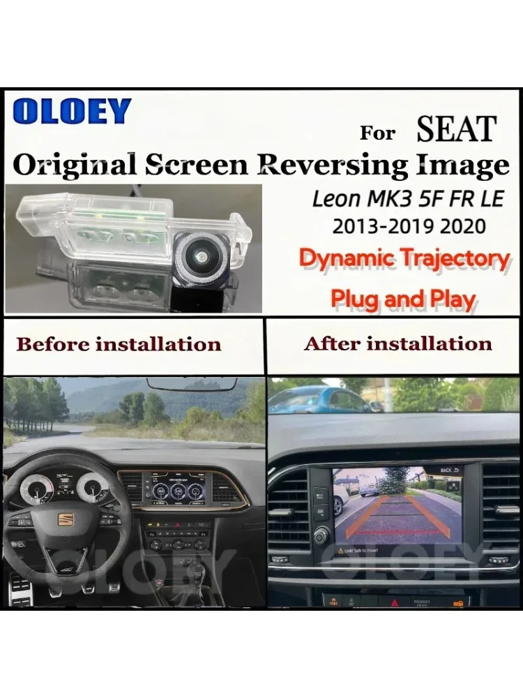 Do Seat Leon MK3 5F FR LE 2013 ~ 2020 Oryginalny Ekran Ulepszony z Dynamicznymi Liniami Pomocniczymi, Klamka Klapy Bagażnika z Kamerą Cofania — zdjęcie 2