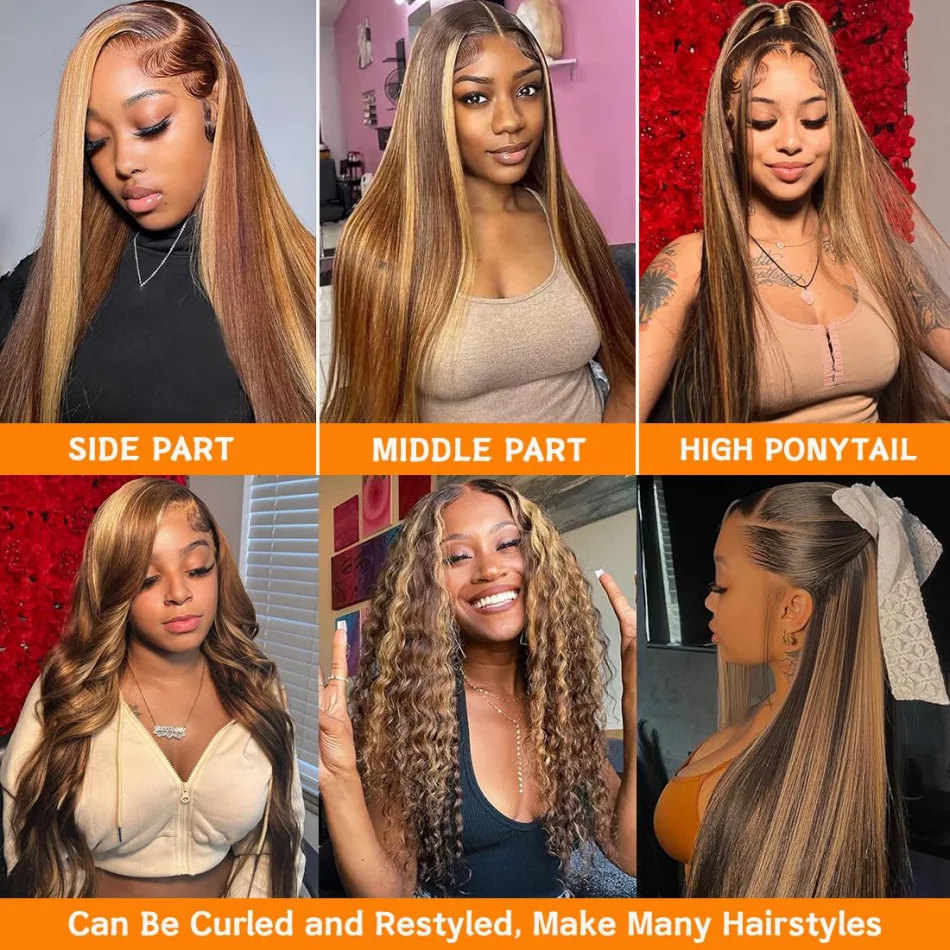 Highlight Wig Human Hair 13X6 Hd Lace Frontal Wig 427 Straight Human Hair Wigs 30 38 Inch Pre Plucked Brazilian Wigs 250 Density image 4